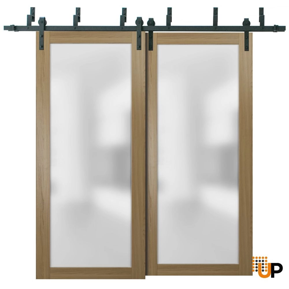 Double solid core sliding luxury interior barn bypass door with frosted glass | Planum 2102 Honey Ash | 36 x 84 (2* 18x84) photo#1