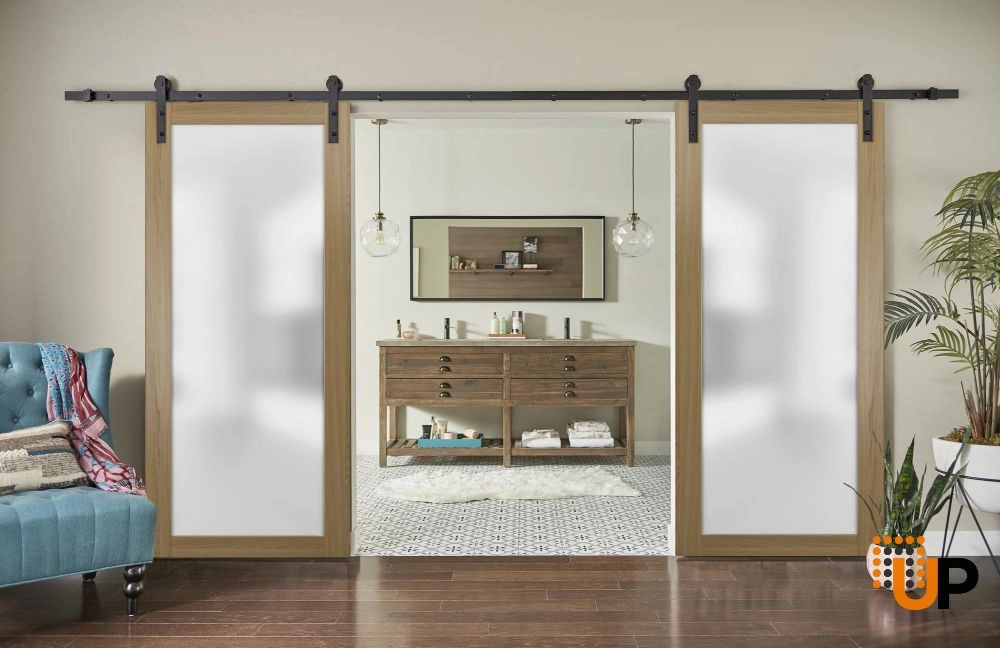 Double solid core sliding french interior barn double door with frosted glass | Planum 2102 Honey Ash | 36 x 84 (2* 18x84) photo#2