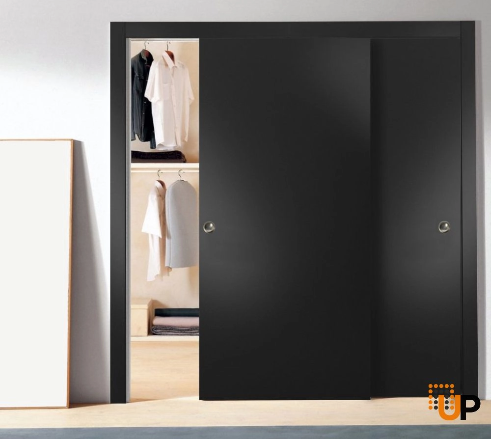 Double solid wood with honeycomb sliding modern interior closet bypass door | Planum 0010 Black Matte | 36 x 80 (2* 18x80) photo#2