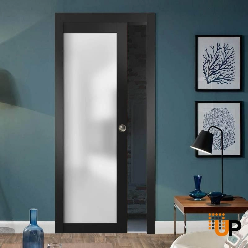Single solid core sliding luxury interior pocket door with frosted glass | Planum 2102 Black Matte | 24 x 80 photo#2