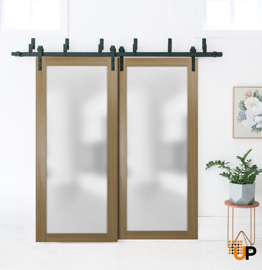 Double solid core sliding luxury interior barn bypass door with frosted glass | Planum 2102 Honey Ash | 36 x 84 (2* 18x84) photo#3