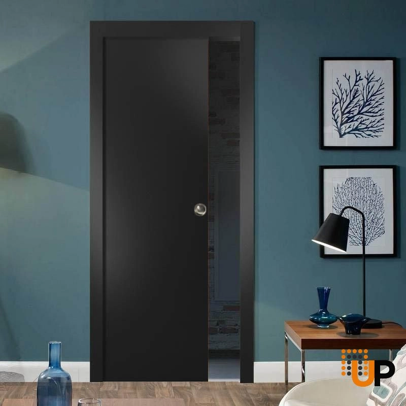 Single solid wood with honeycomb sliding modern interior pocket door | Planum 0010 Black Matte | 18 x 80 photo#2