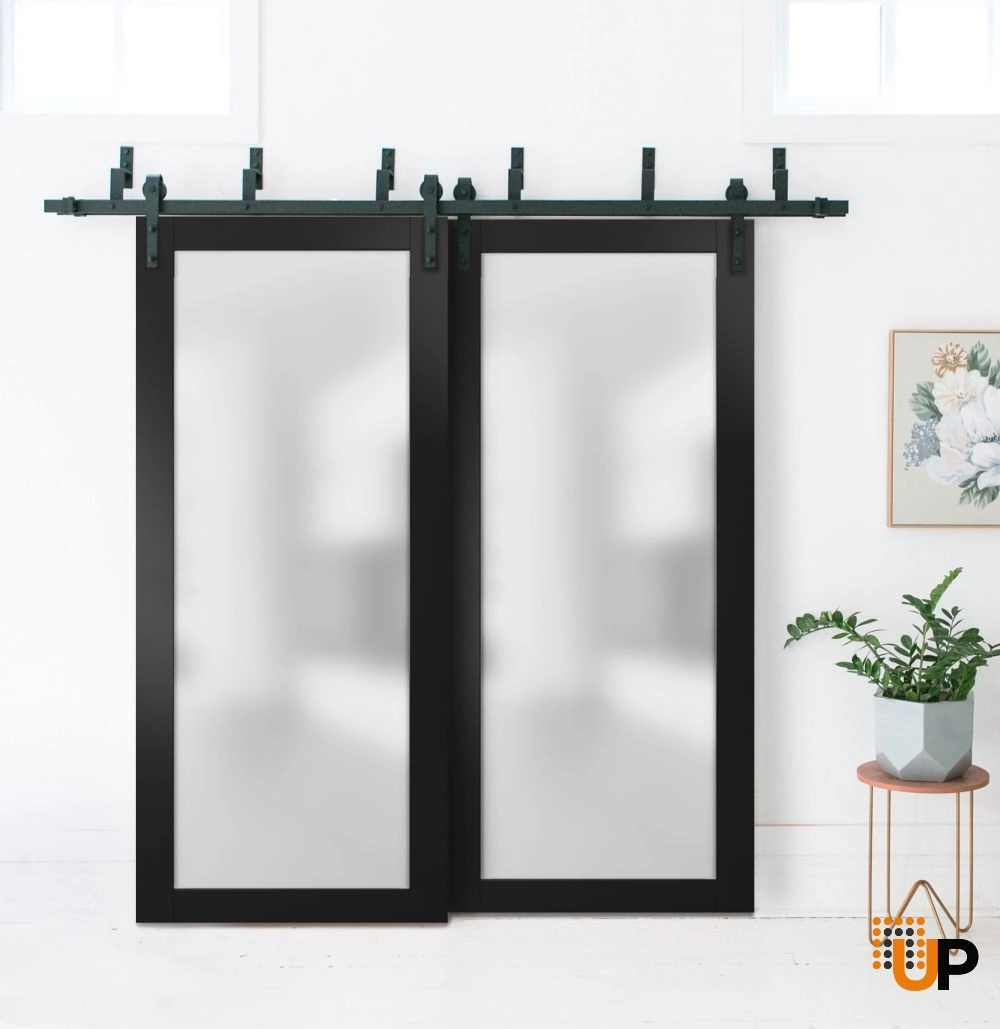 Double solid core sliding luxury interior barn bypass door with frosted glass | Planum 2102 Black Matte | 36 x 80 (2* 18x80) photo#2
