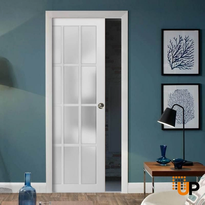 Single solid core sliding classic interior pocket door with frosted glass | Felicia 3312 White | 18 x 80 photo#2