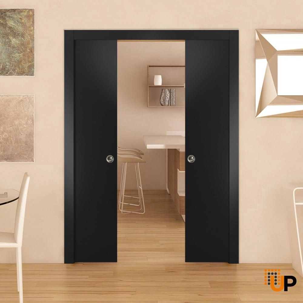 Double solid wood with honeycomb sliding modern interior pocket double door | Planum 0010 Black Matte | 36 x 80 (2* 18x80) photo#2
