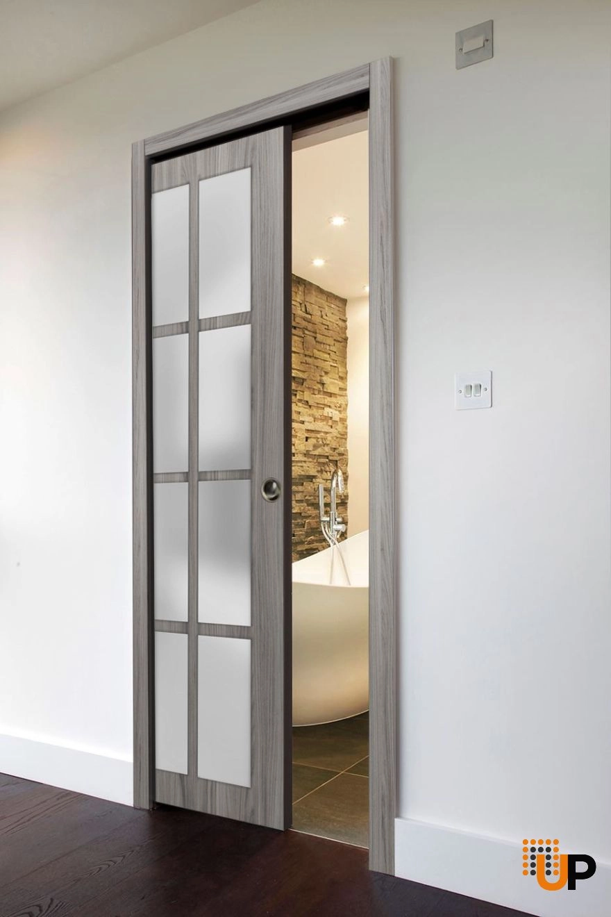 Single solid core sliding classic interior pocket door with frosted glass | Felicia 3312 Ginger Ash | 18 x 80 photo#2
