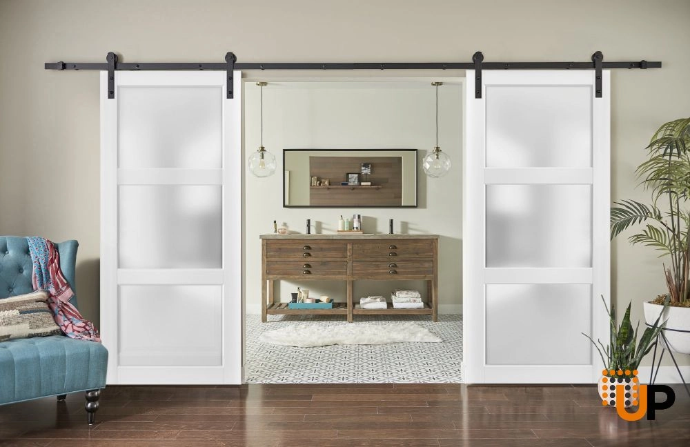 Double solid core sliding french interior barn double door with frosted glass | Lucia 2552 White | 36 x 80 (2* 18x80) photo#2