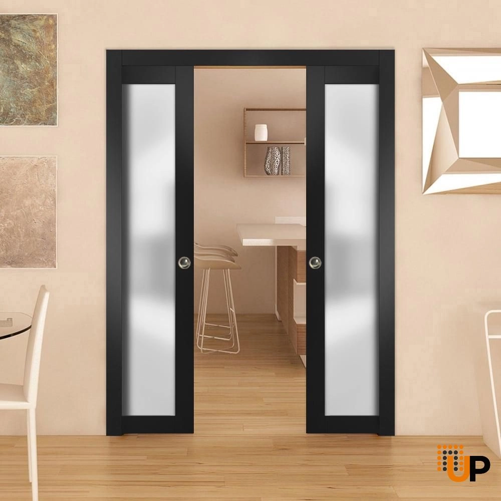 Double solid core sliding french interior pocket double door with frosted glass | Planum 2102 Black Matte | 36 x 80 (2* 18x80) photo#2