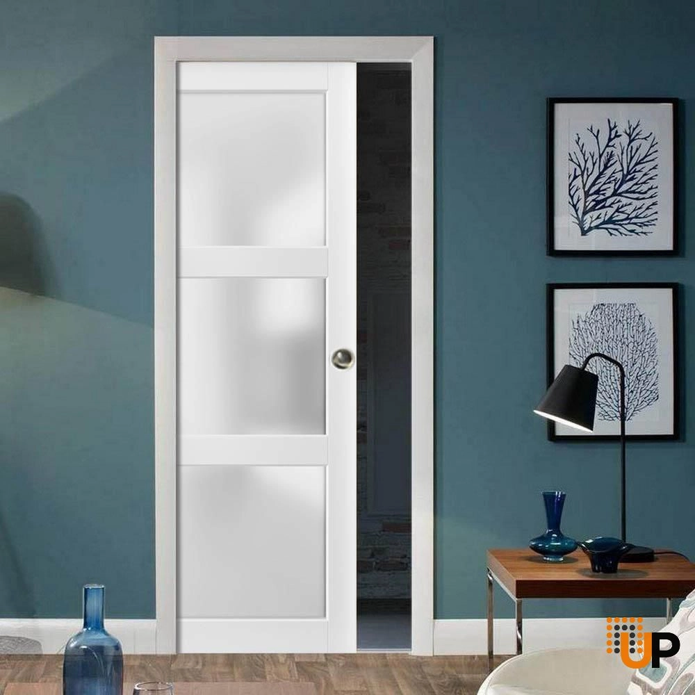 Single solid core sliding luxury interior pocket door with frosted glass | Lucia 2552 White | 18 x 80 photo#2