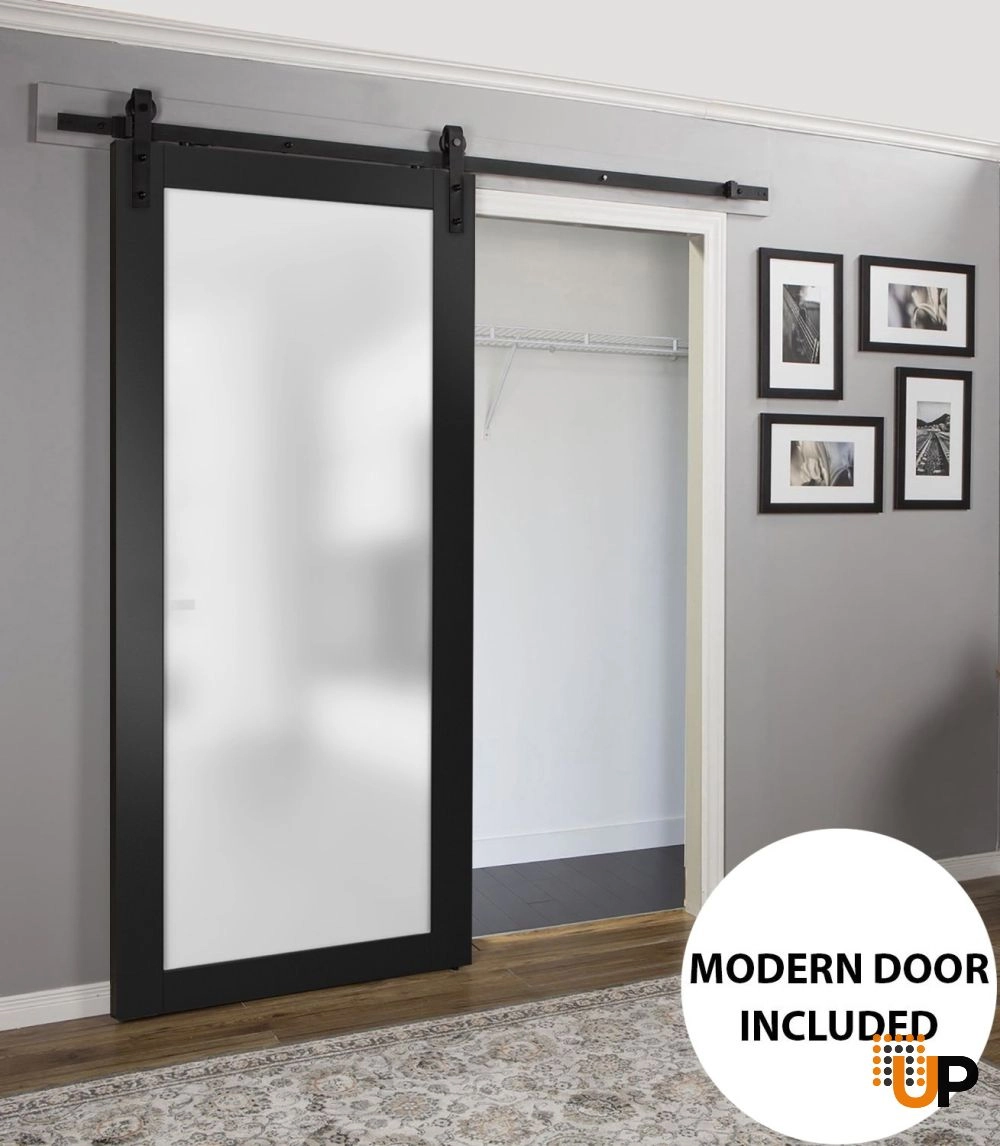 Single solid core sliding luxury interior barn door with frosted glass | Planum 2102 Black Matte | 18 x 80 photo#2