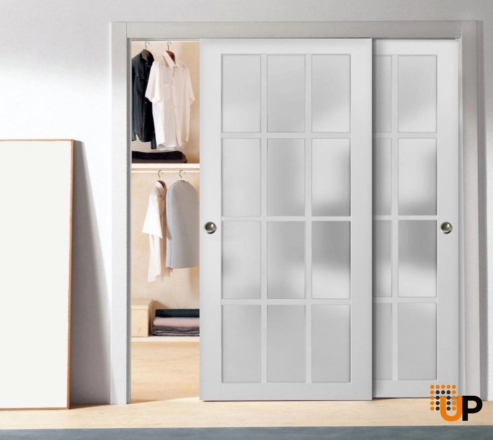 Double solid core sliding classic interior closet bypass door with frosted glass | Felicia 3312 White | 36 x 80 (2* 18x80) photo#2
