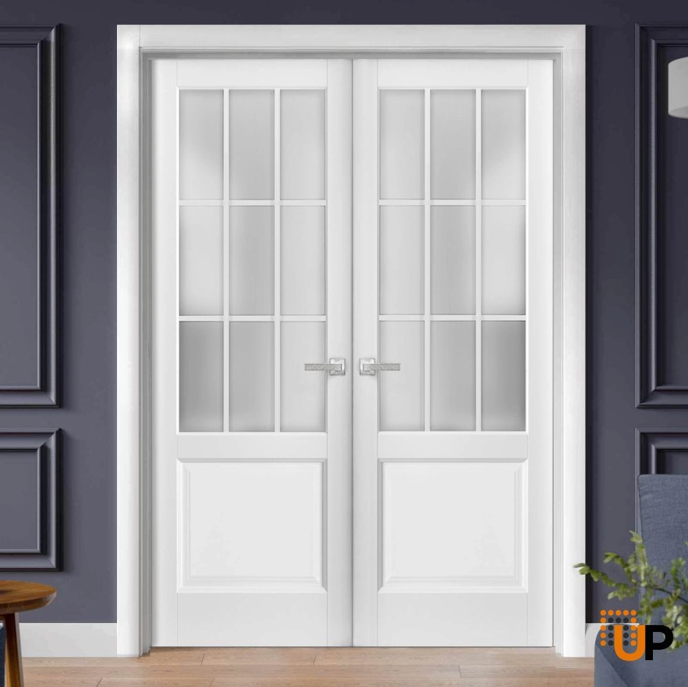 Double solid core french interior swing double door with frosted glass | Felicia 3309 White | 36 x 80 (2* 18x80) photo#2
