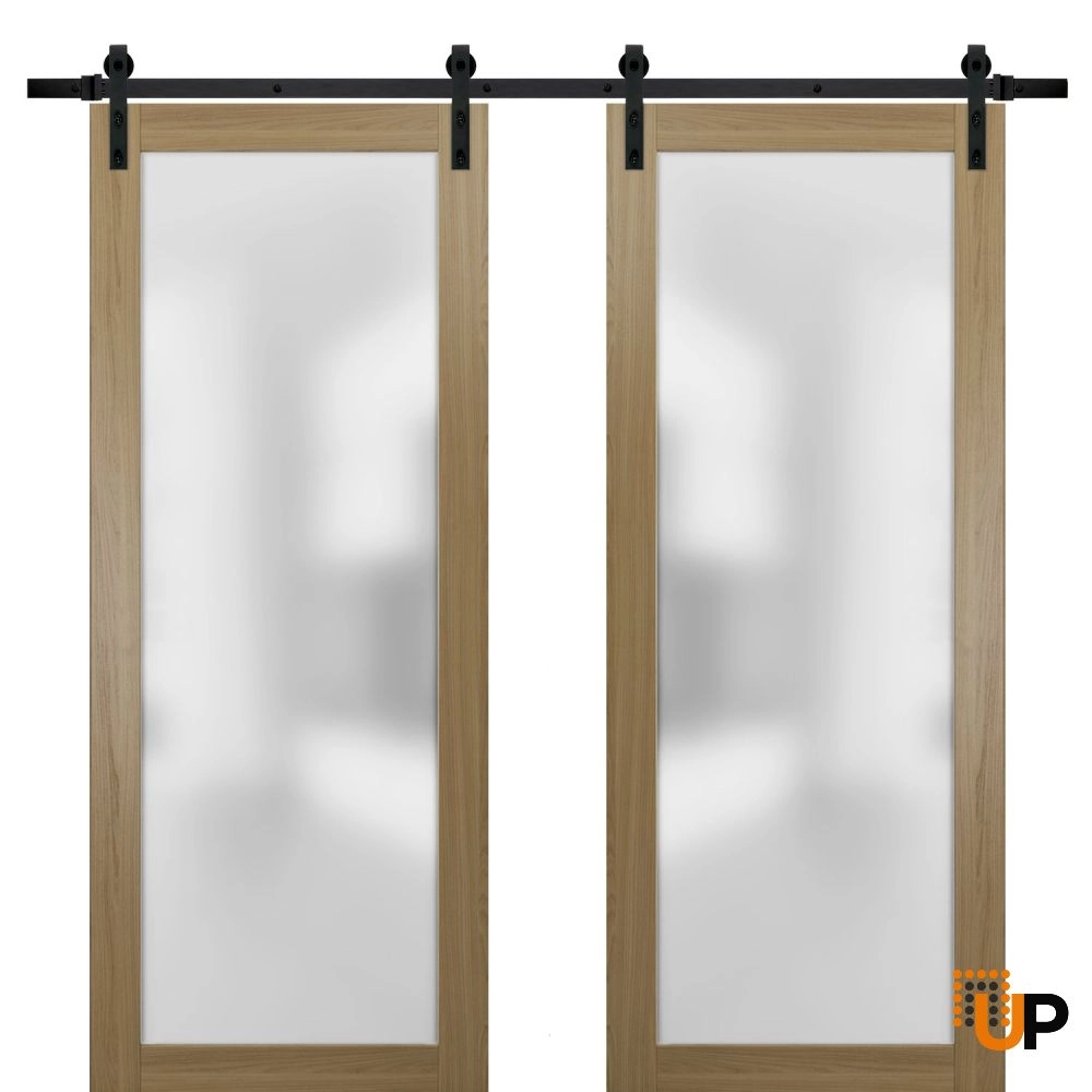 Double solid core sliding french interior barn double door with frosted glass | Planum 2102 Honey Ash | 36 x 84 (2* 18x84) photo#1