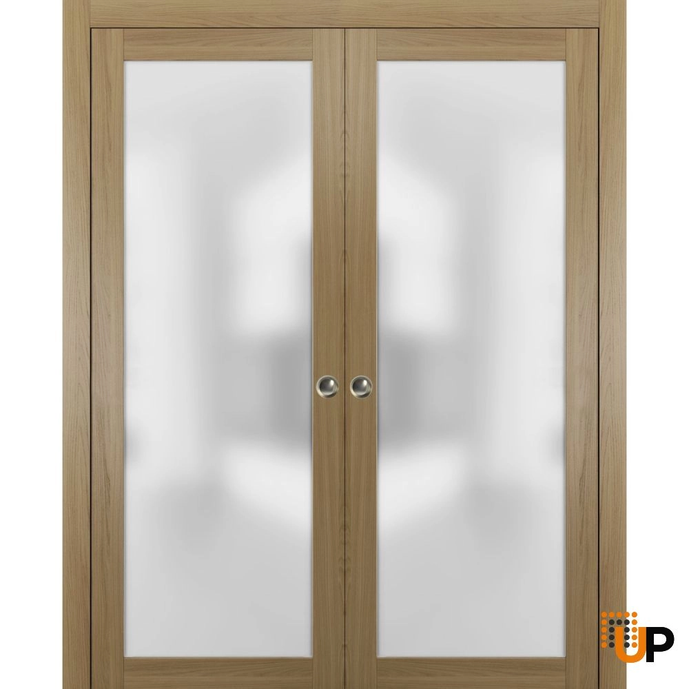 Double solid core sliding french interior pocket double door with frosted glass | Planum 2102 Honey Ash | 36 x 84 (2* 18x84) photo#1