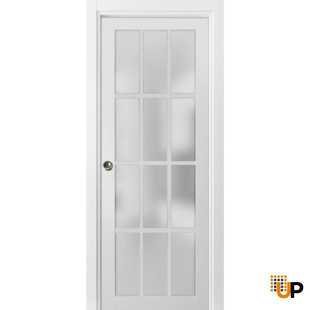 Single solid core sliding classic interior pocket door with frosted glass | Felicia 3312 White | 18 x 80 photo#1