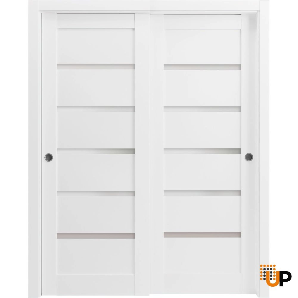 Double mdf sliding interior closet bypass door with frosted glass | Quadro 4117 White | 36 x 80 (2* 18x80) photo#1