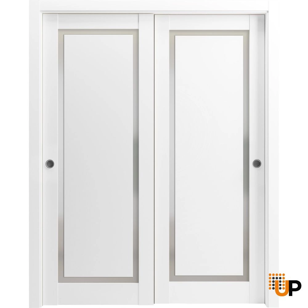 Double solid core sliding interior closet bypass door with frosted glass | Planum 0888 Painted White | 36 x 80 (2* 18x80) photo#6