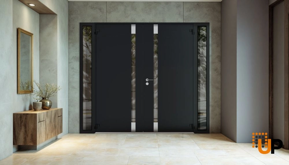 Double swing metal-aluminum modern exterior door with clear-mirrored glass | Cynex 6777 Black Enamel | 96 x 80 (12+72+12 x 80) photo#4
