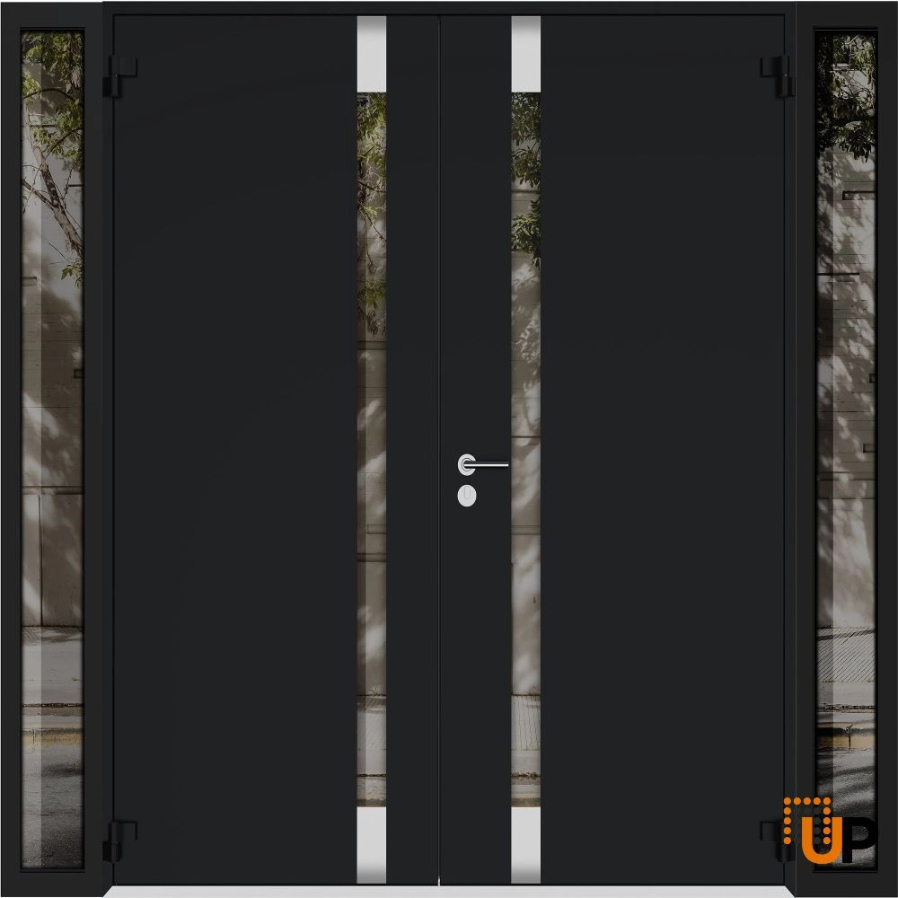 Double swing metal-aluminum modern exterior door with clear-mirrored glass | Cynex 6777 Black Enamel | 96 x 80 (12+72+12 x 80) photo#2