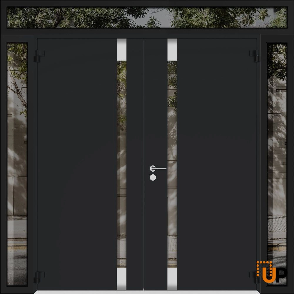 Double swing metal-aluminum modern exterior door with clear-mirrored glass | Cynex 6777 Black Enamel | 96 x 92 (12+72+12 x 80+12) photo#2