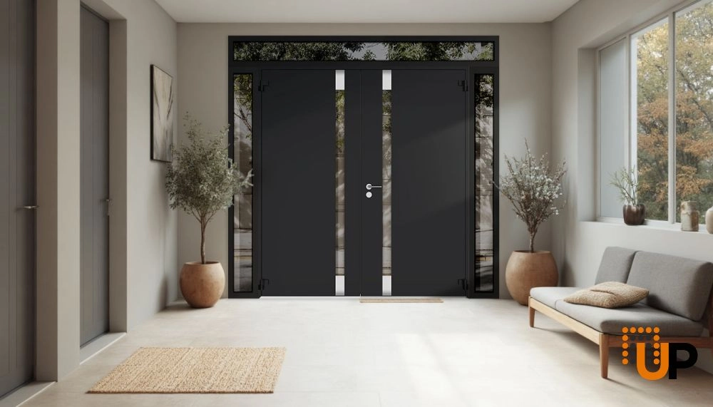 Double swing metal-aluminum modern exterior door with clear-mirrored glass | Cynex 6777 Black Enamel | 96 x 92 (12+72+12 x 80+12) photo#4