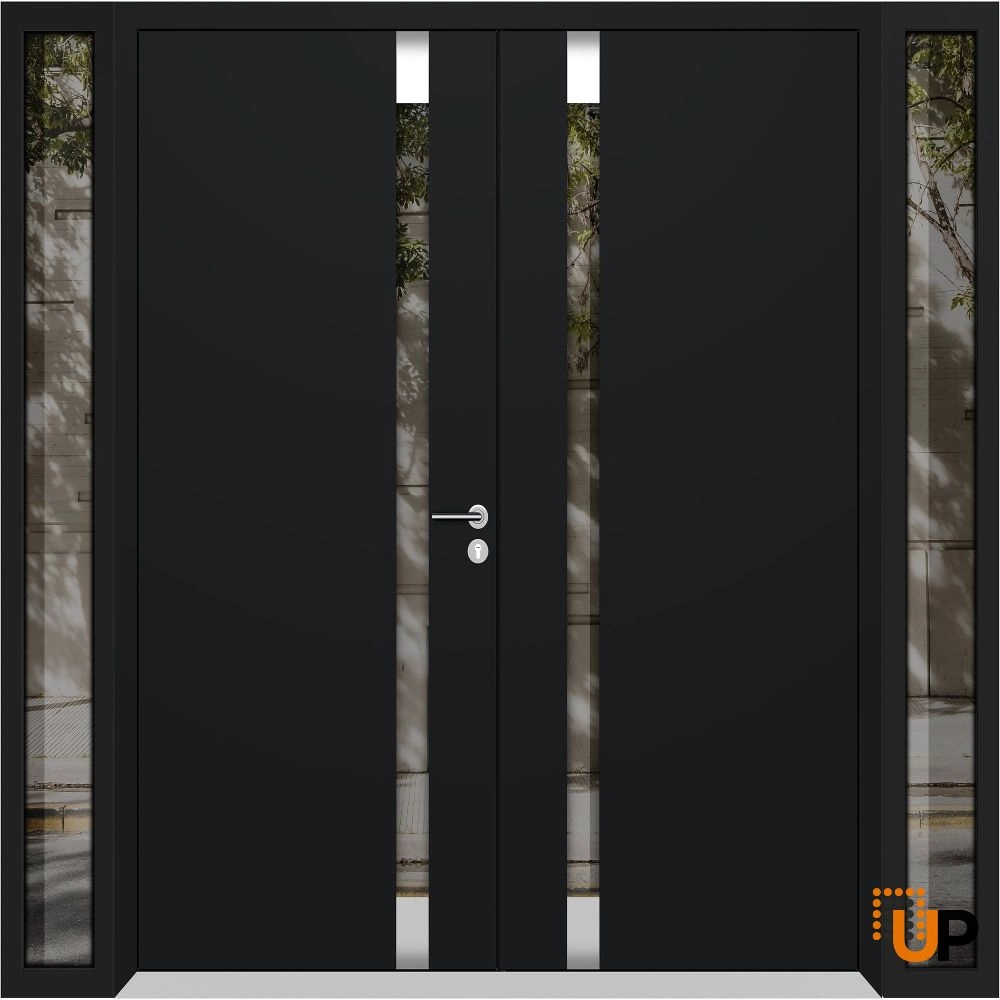 Double swing metal-aluminum modern exterior door with clear-mirrored glass | Cynex 6777 Black Enamel | 96 x 96 (12+72+12 x 96) photo#1