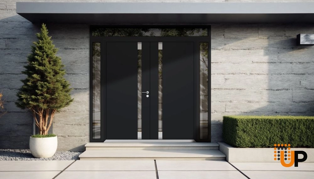 Double swing metal-aluminum modern exterior door with clear-mirrored glass | Cynex 6777 Black Enamel | 96 x 108 (12+72+12 x 96+12) photo#3