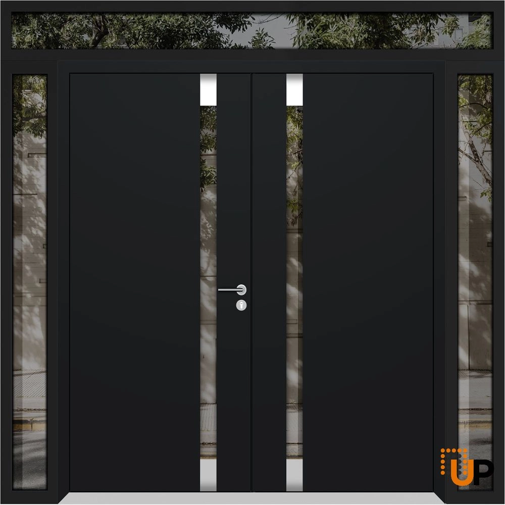 Double swing metal-aluminum modern exterior door with clear-mirrored glass | Cynex 6777 Black Enamel | 96 x 110 (12+72+12 x 96+14) photo#1