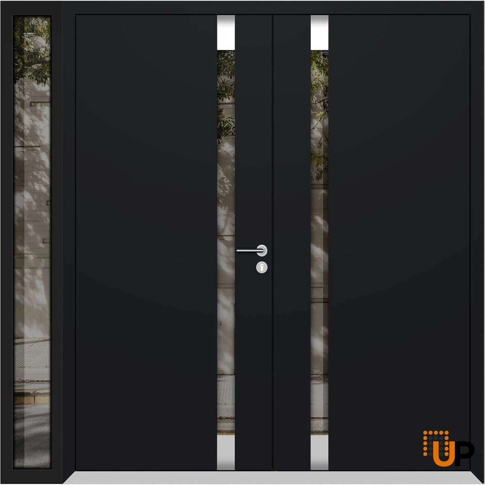 Double swing metal-aluminum modern exterior door with clear-mirrored glass | Cynex 6777 Black Enamel | 84 x 96 (72+12 x 96) photo#1