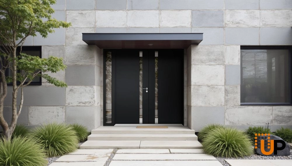 Double swing metal-aluminum modern exterior door with clear-mirrored glass | Cynex 6777 Black Enamel | 84 x 96 (72+12 x 96) photo#3