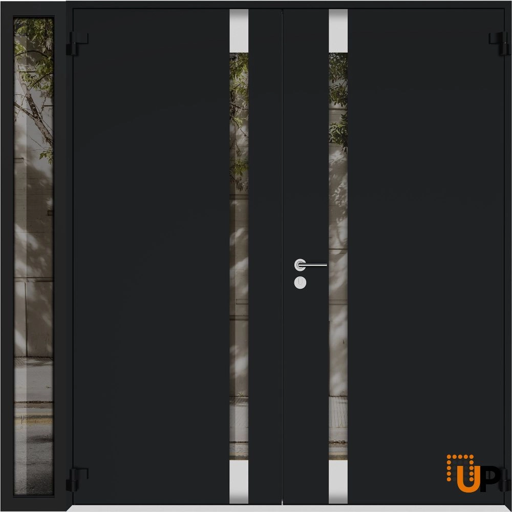 Double swing metal-aluminum modern exterior door with clear-mirrored glass | Cynex 6777 Black Enamel | 84 x 96 (72+12 x 96) photo#2