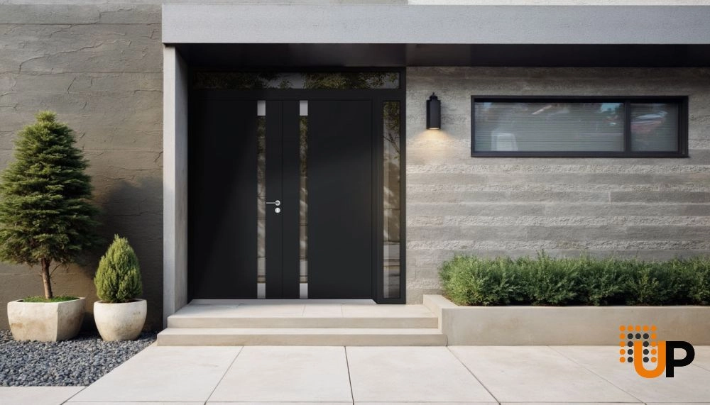 Double swing metal-aluminum modern exterior door with clear-mirrored glass | Cynex 6777 Black Enamel | 84 x 110 (72+12 x 96+14) photo#3