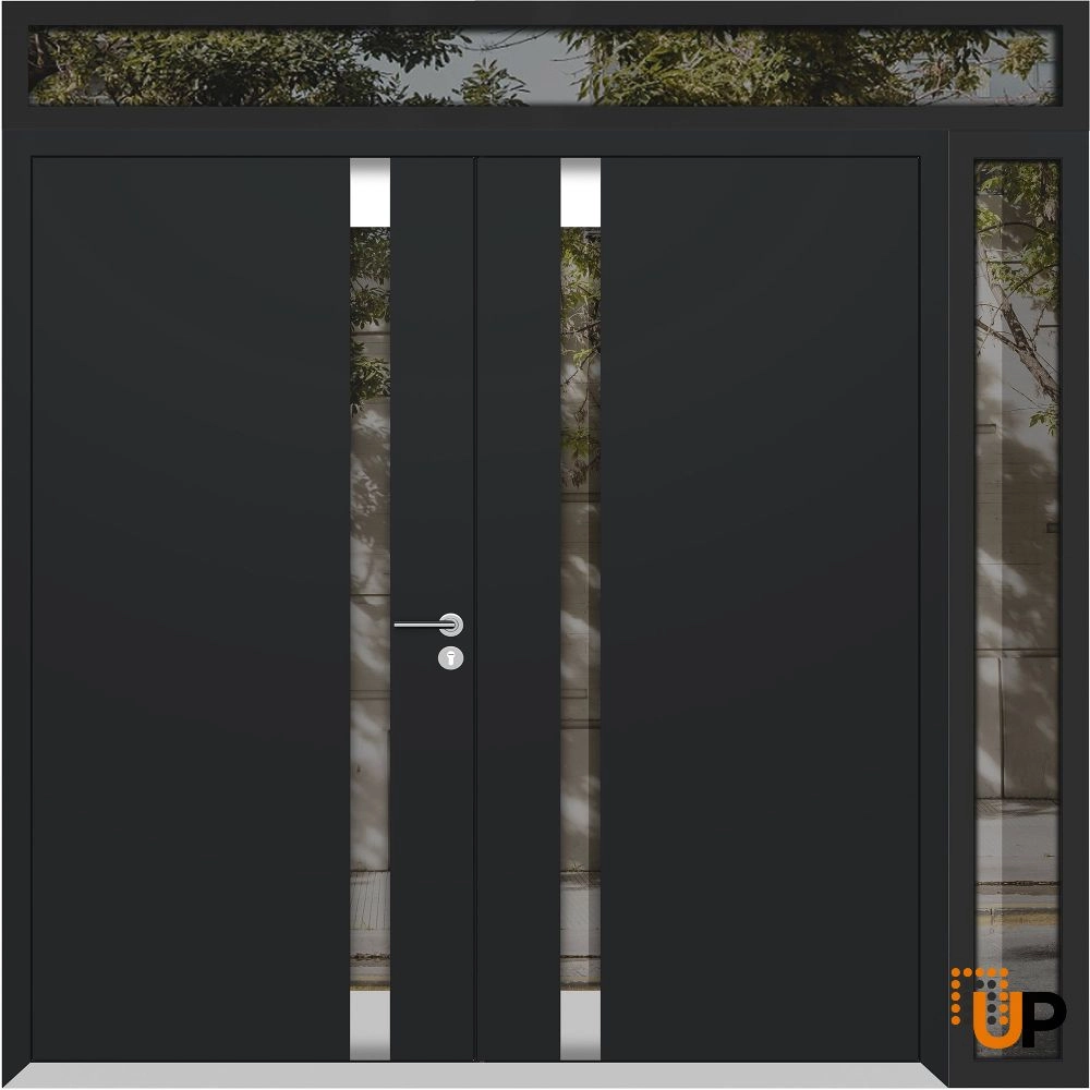 Double swing metal-aluminum modern exterior door with clear-mirrored glass | Cynex 6777 Black Enamel | 84 x 110 (72+12 x 96+14) photo#1