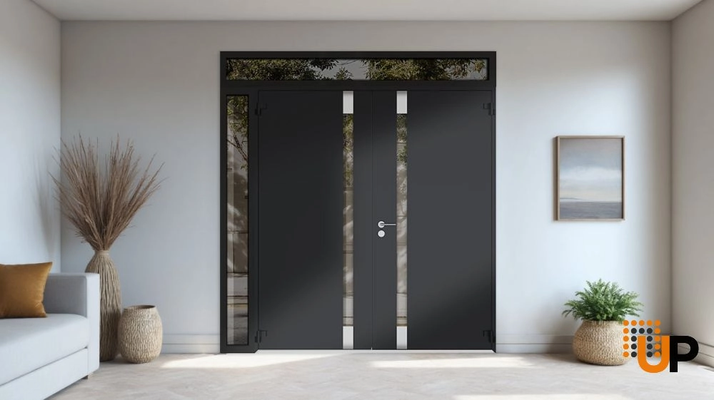 Double swing metal-aluminum modern exterior door with clear-mirrored glass | Cynex 6777 Black Enamel | 84 x 110 (72+12 x 96+14) photo#4
