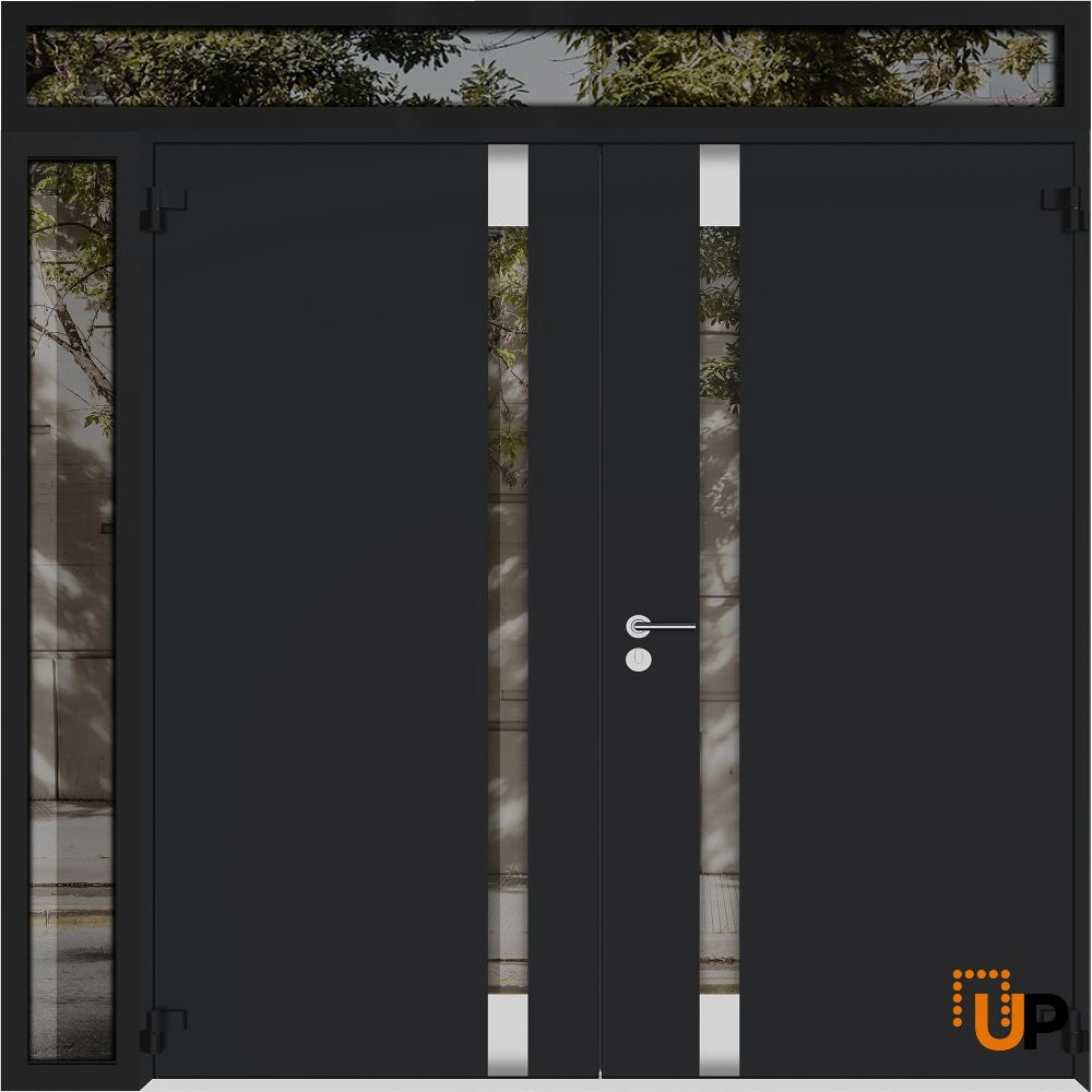 Double swing metal-aluminum modern exterior door with clear-mirrored glass | Cynex 6777 Black Enamel | 86 x 92 (72+14 x 80+12) photo#2