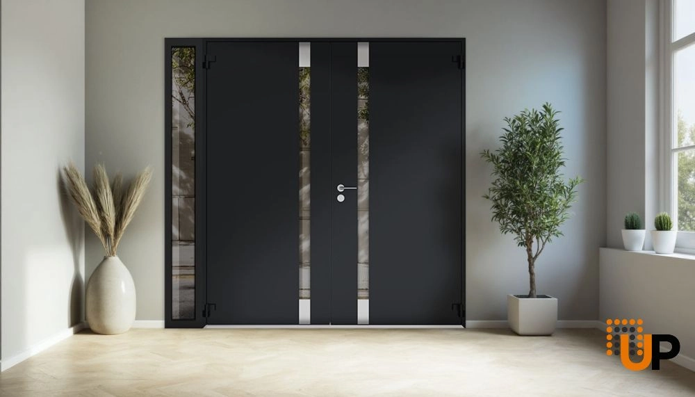 Double swing metal-aluminum modern exterior door with clear-mirrored glass | Cynex 6777 Black Enamel | 86 x 96 (72+14 x 96) photo#4