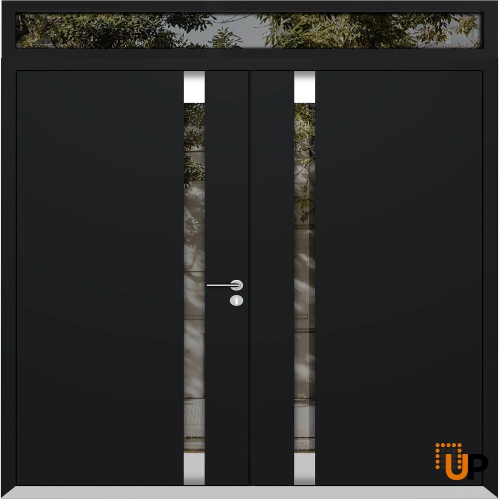 Double swing metal-aluminum modern exterior door with clear-mirrored glass | Cynex 6777 Black Enamel | 72 x 110 (72 x 96+14) photo#1