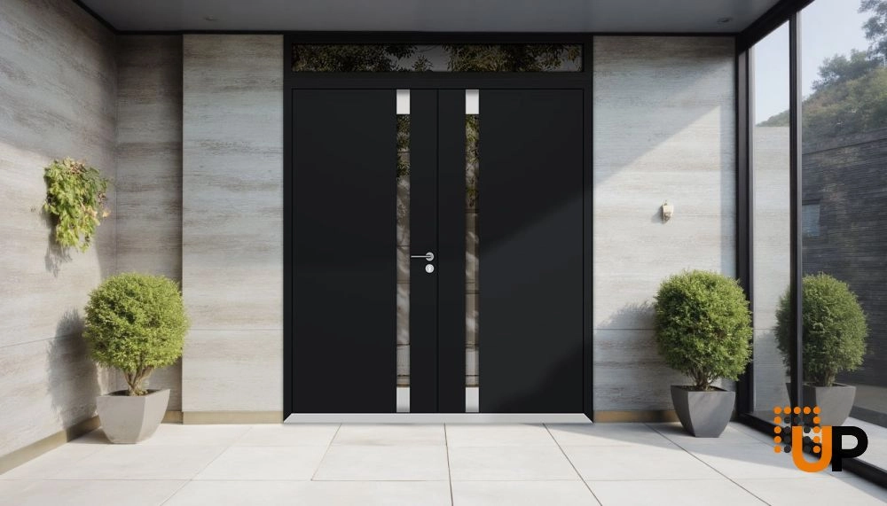 Double swing metal-aluminum modern exterior door with clear-mirrored glass | Cynex 6777 Black Enamel | 72 x 112 (72 x 96+16) photo#3