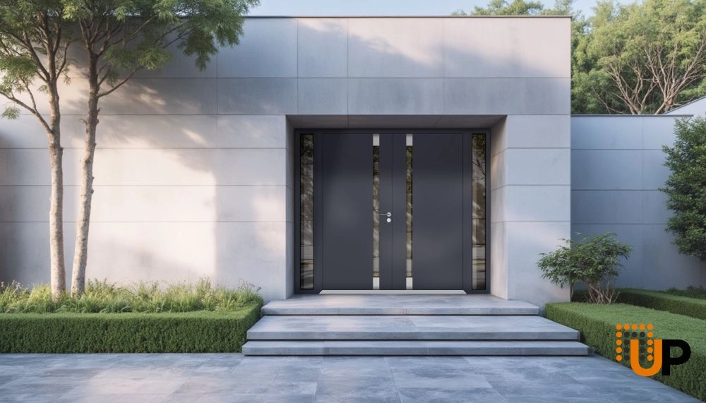 Double swing metal-aluminum modern exterior door with clear-mirrored glass | Cynex 6777 Black Enamel | 96 x 96 (12+72+12 x 96) photo#3