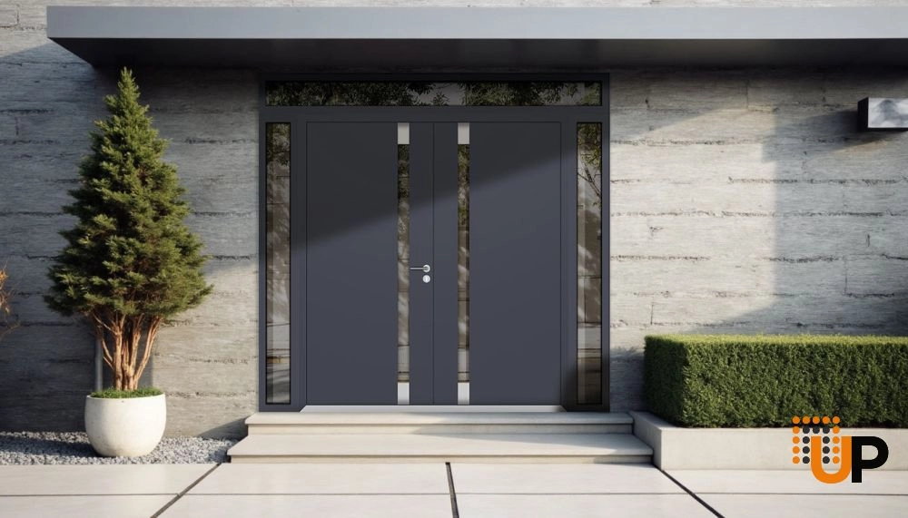 Double swing metal-aluminum modern exterior door with clear-mirrored glass | Cynex 6777 Black Enamel | 96 x 110 (12+72+12 x 96+14) photo#3