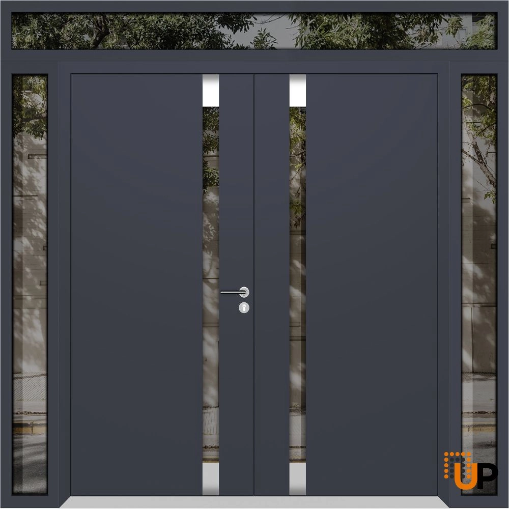 Double swing metal-aluminum modern exterior door with clear-mirrored glass | Cynex 6777 Black Enamel | 96 x 112 (12+72+12 x 96+16) photo#1