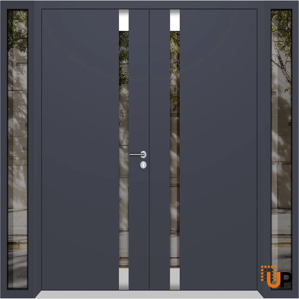 Double swing metal-aluminum modern exterior door with clear-mirrored glass | Cynex 6777 Black Enamel | 100 x 80 (14+72+14 x 80) photo#1
