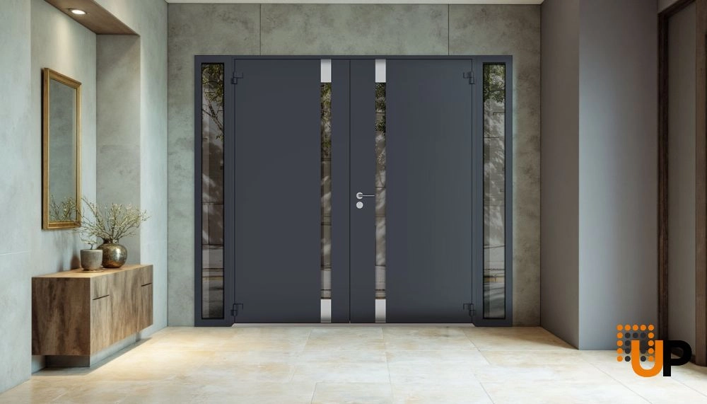 Double swing metal-aluminum modern exterior door with clear-mirrored glass | Cynex 6777 Black Enamel | 100 x 80 (14+72+14 x 80) photo#4