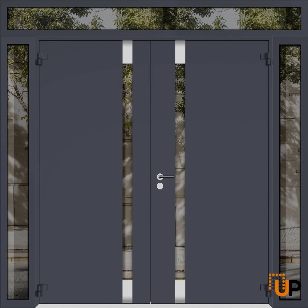 Double swing metal-aluminum modern exterior door with clear-mirrored glass | Cynex 6777 Black Enamel | 100 x 94 (14+72+14 x 80 +14) photo#2