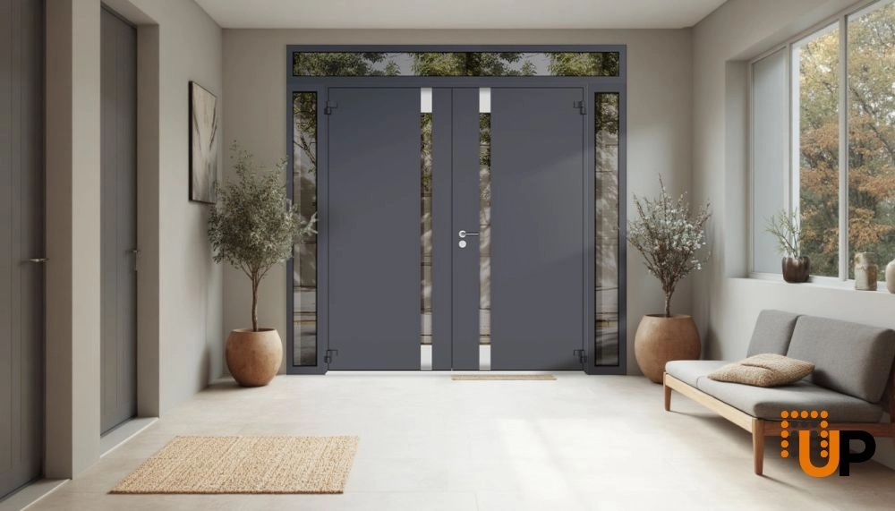 Double swing metal-aluminum modern exterior door with clear-mirrored glass | Cynex 6777 Black Enamel | 100 x 96 (14+72+14 x 80+16) photo#4