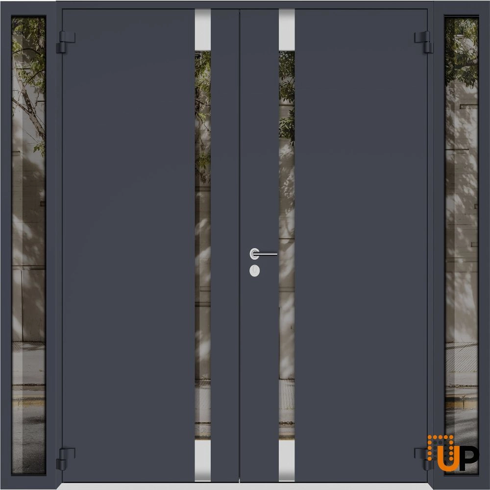 Double swing metal-aluminum modern exterior door with clear-mirrored glass | Cynex 6777 Black Enamel | 104 x 80 (16+72+16 x 80) photo#2