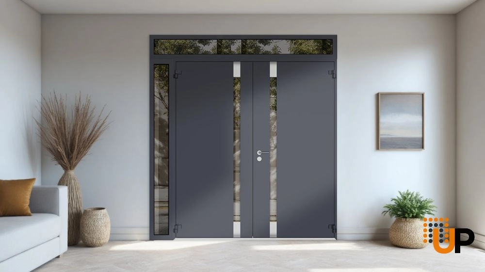 Double swing metal-aluminum modern exterior door with clear-mirrored glass | Cynex 6777 Black Enamel | 84 x 108 (72+12 x 96+12) photo#4