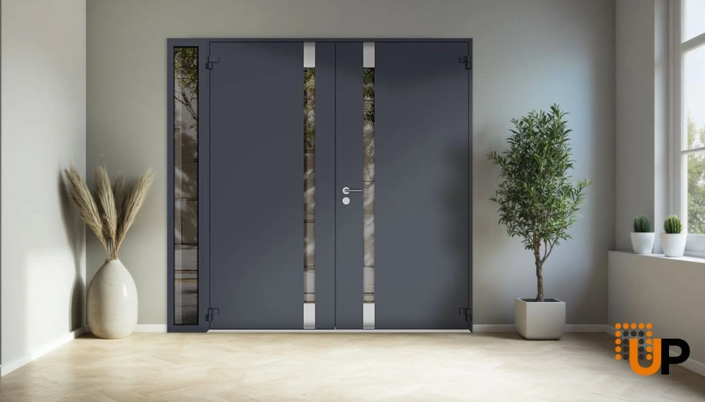 Double swing metal-aluminum modern exterior door with clear-mirrored glass | Cynex 6777 Black Enamel | 86 x 80 (72+14 x 80) photo#4