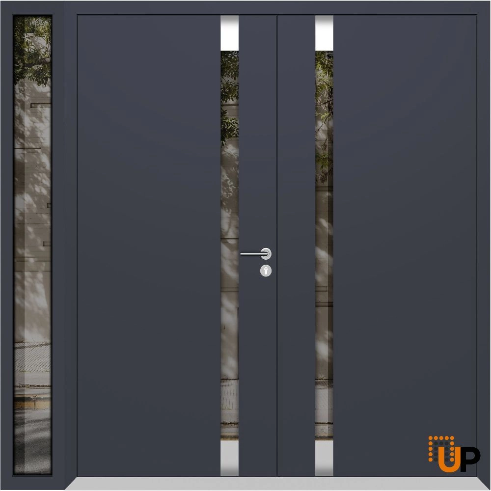 Double swing metal-aluminum modern exterior door with clear-mirrored glass | Cynex 6777 Black Enamel | 86 x 80 (72+14 x 80) photo#1