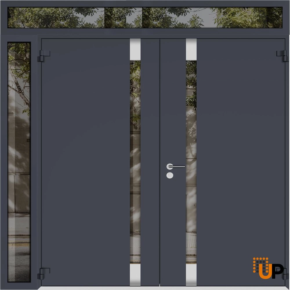 Double swing metal-aluminum modern exterior door with clear-mirrored glass | Cynex 6777 Black Enamel | 86 x 92 (72+14 x 80+12) photo#2